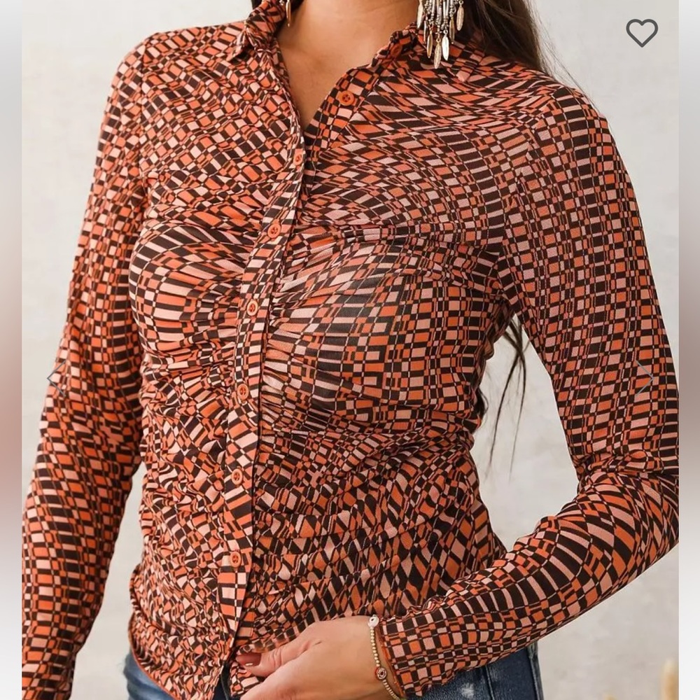 Willow & Root Buckle Retro Groovy Ruched Mesh Blouse M